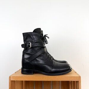 Prada Black Leather Lace Up Buckle Wrap Ankle Moto Boots Size 36.5